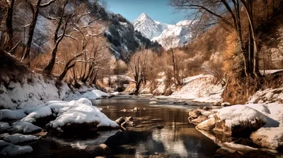 Snowy Mountain River Landscape In Winter