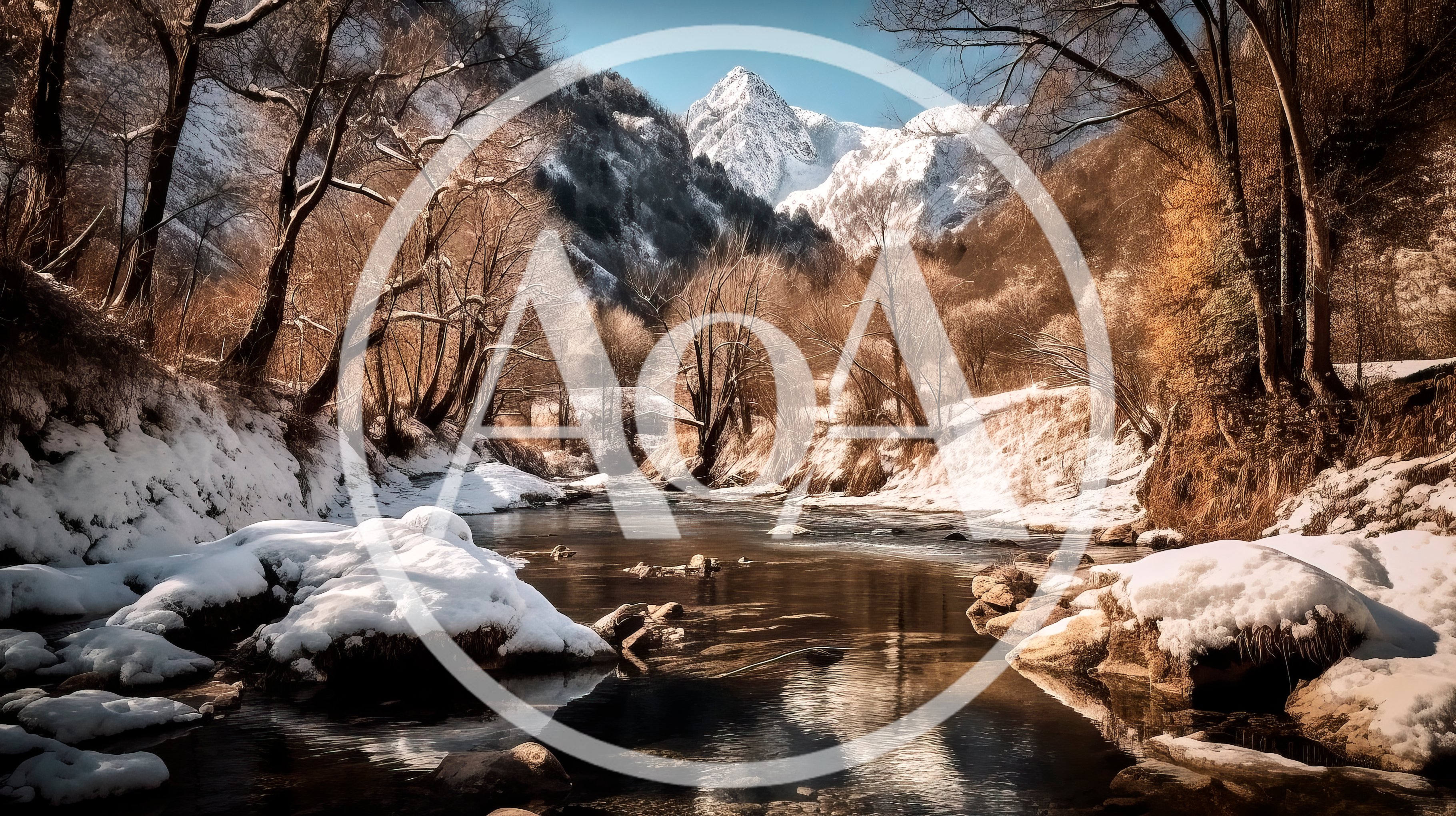 Snowy Mountain River Landscape In Winter