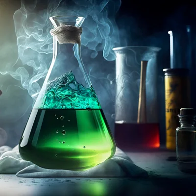 Green Chemical Potion In Laboratory Glass Flask