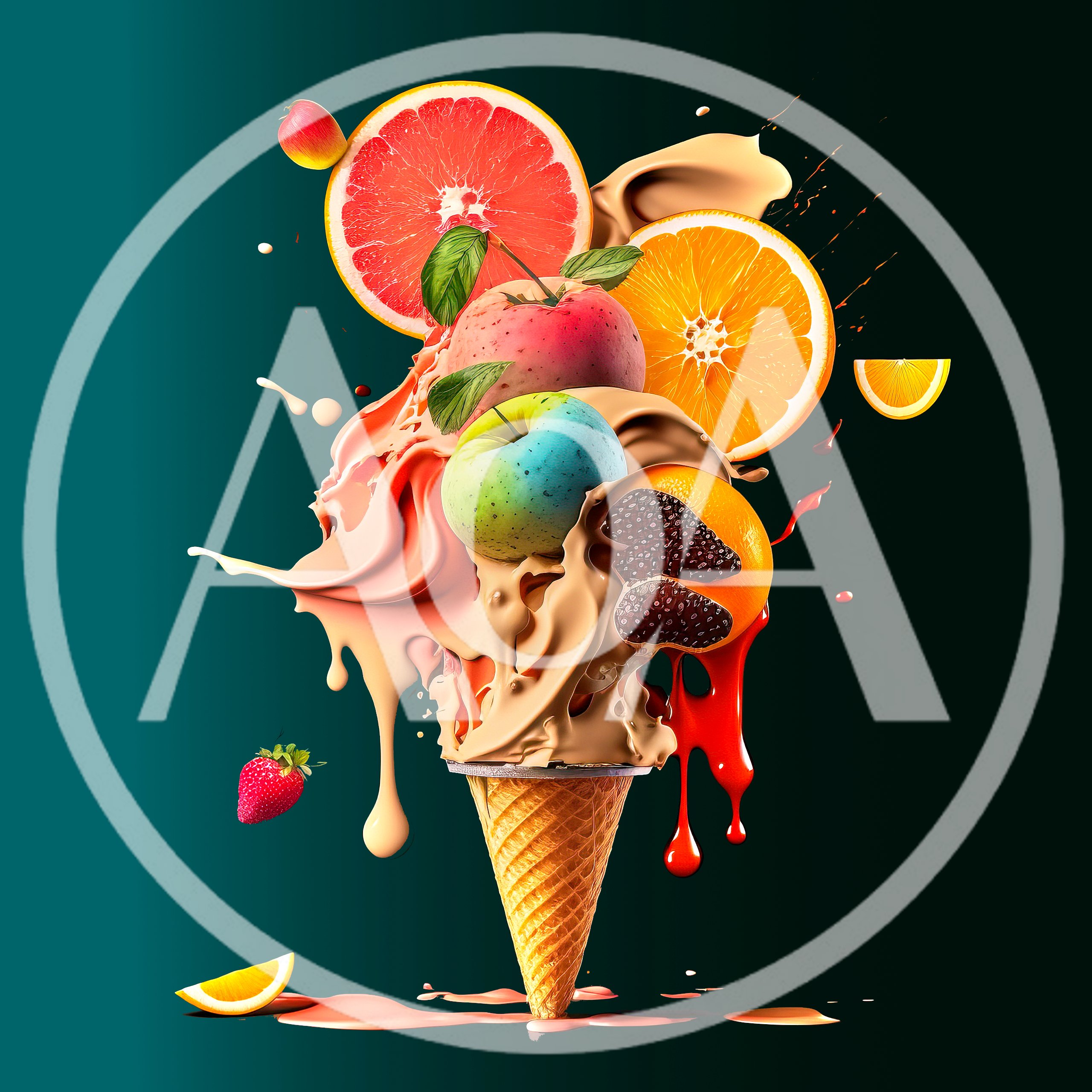 Surreal Fruit Ice Cream Cone Explosion