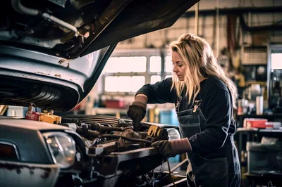 Female Mechanic Repairing Car Engine In Auto Workshop