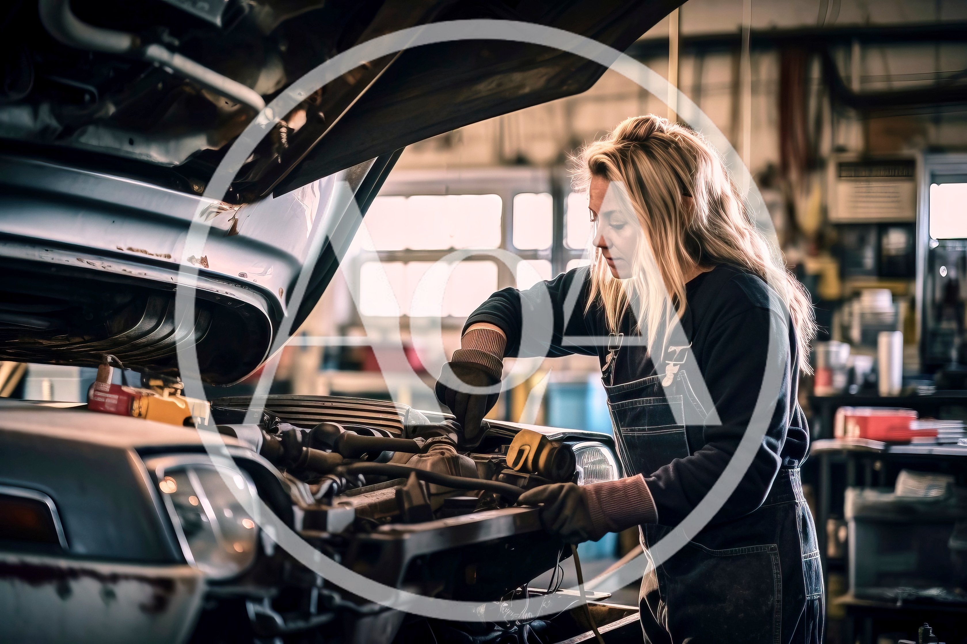 Female Mechanic Repairing Car Engine In Auto Workshop