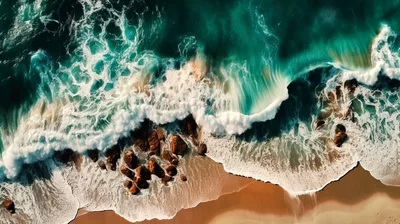 Aerial View Of Ocean Waves Crashing On Rocky Shore