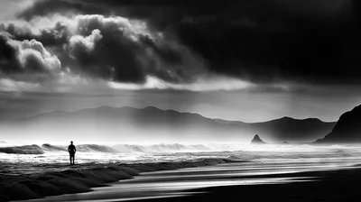 Lone Person Standing On A Dramatic Stormy Beach