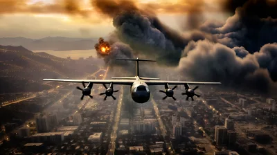 Military Transport Aircraft Flying Over A Burning City