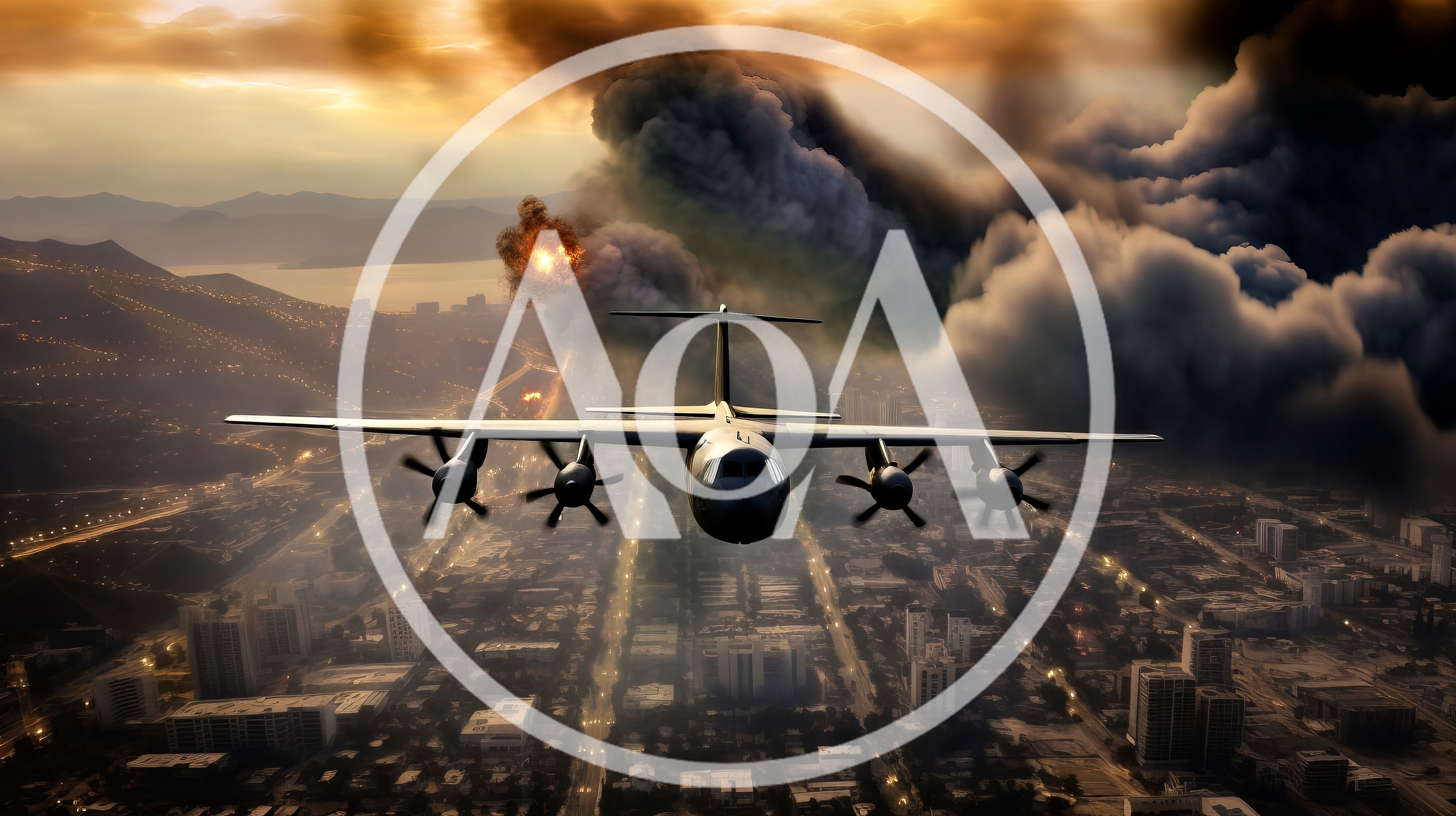 Military Transport Aircraft Flying Over A Burning City