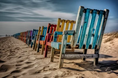 Row Of Colorful Wooden Chairs On A Sandy Beach