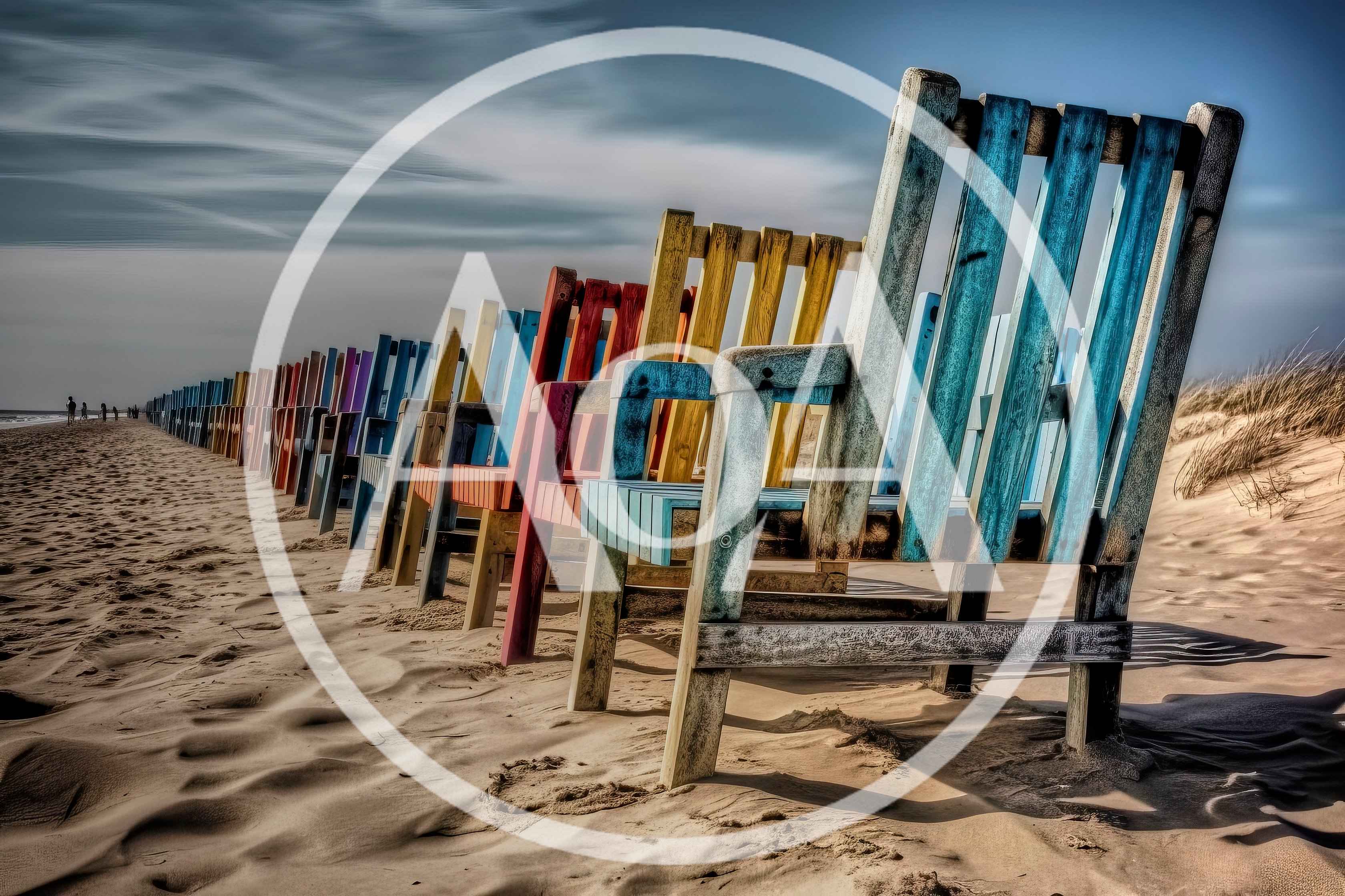 Row Of Colorful Wooden Chairs On A Sandy Beach