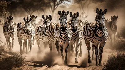 Herd of Zebras Running Through Dusty African Savanna