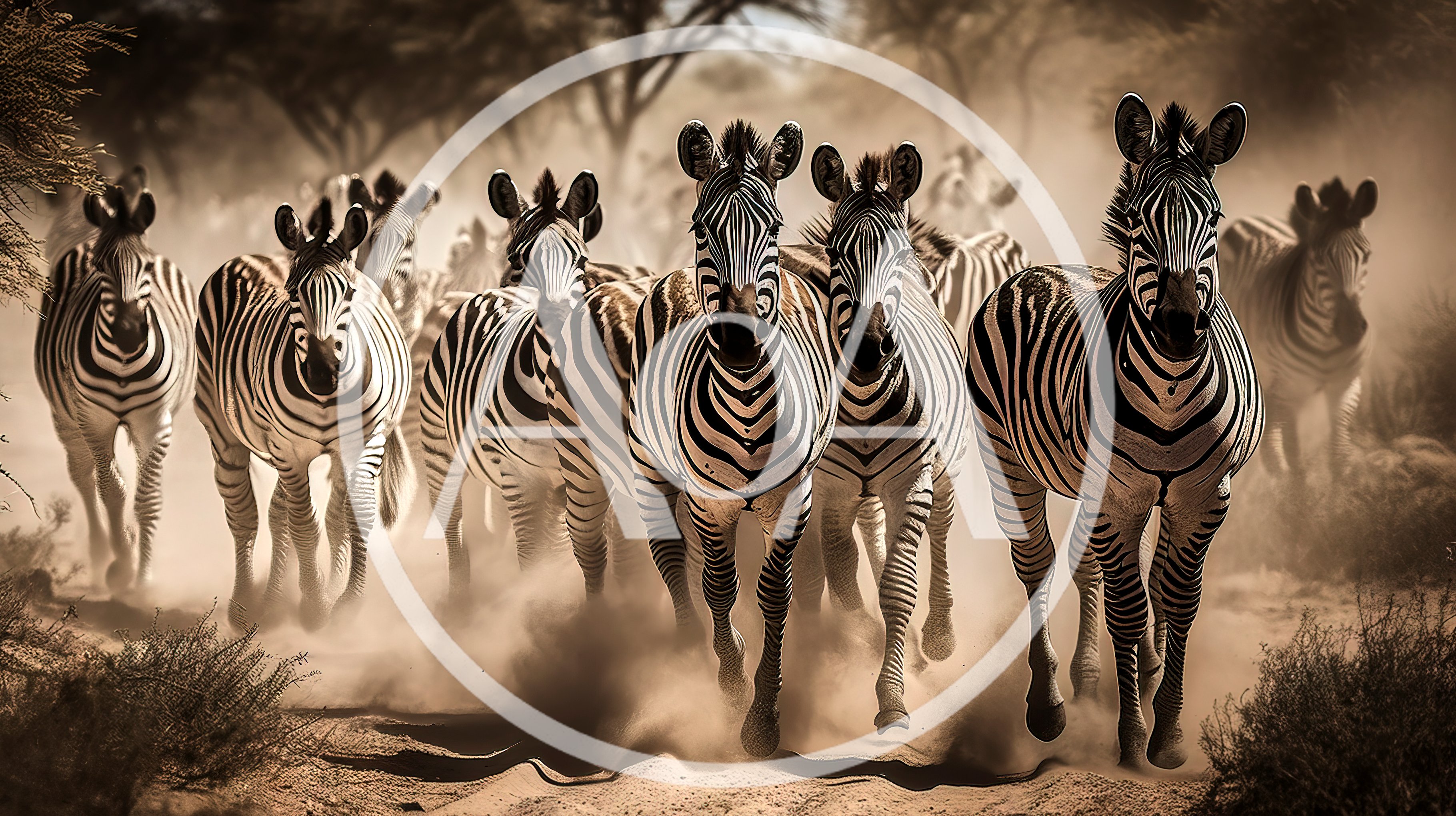 Herd of Zebras Running Through Dusty African Savanna
