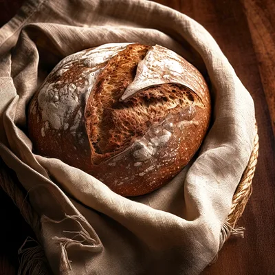 Freshly Baked Sourdough Bread In A Linen Cloth