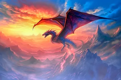 Majestic Dragon Flying Over Volcanic Mountain Range