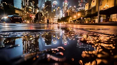 City Street Reflection In Rain Puddle At Night