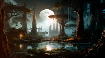 Ethereal Alien Forest Landscape Under A Giant Moon