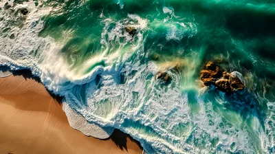 Aerial View Of Ocean Waves Crashing On Sandy Beach