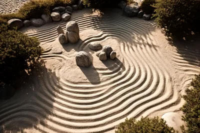 Zen Garden With Raked Sand And Decorative Stones