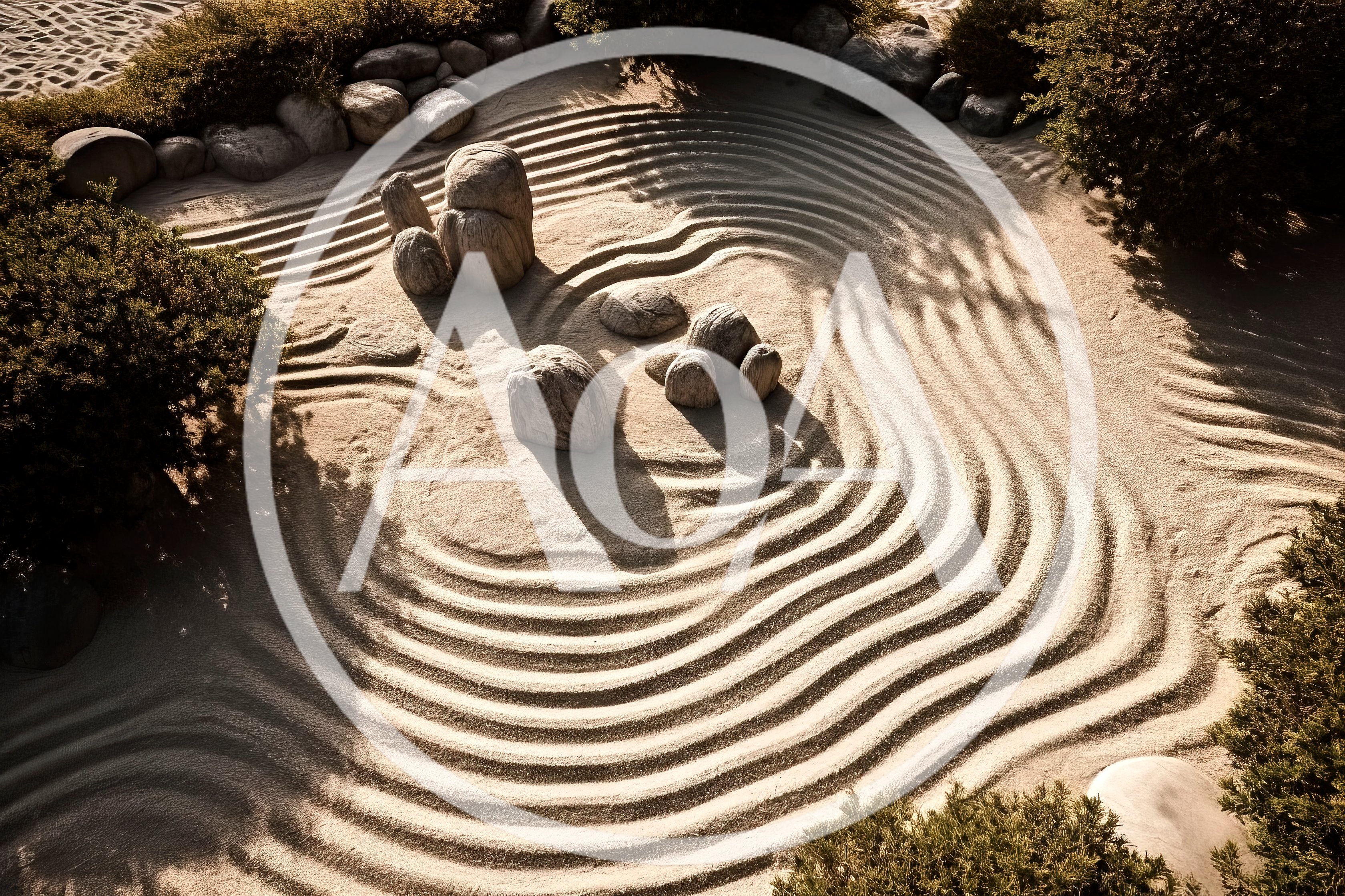 Zen Garden With Raked Sand And Decorative Stones
