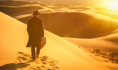 Man In Suit Walking Through Desert With Suitcase