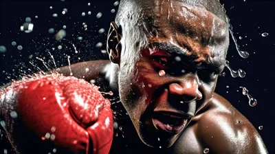 Intense Boxer Throwing A Powerful Punch With Water Splashes