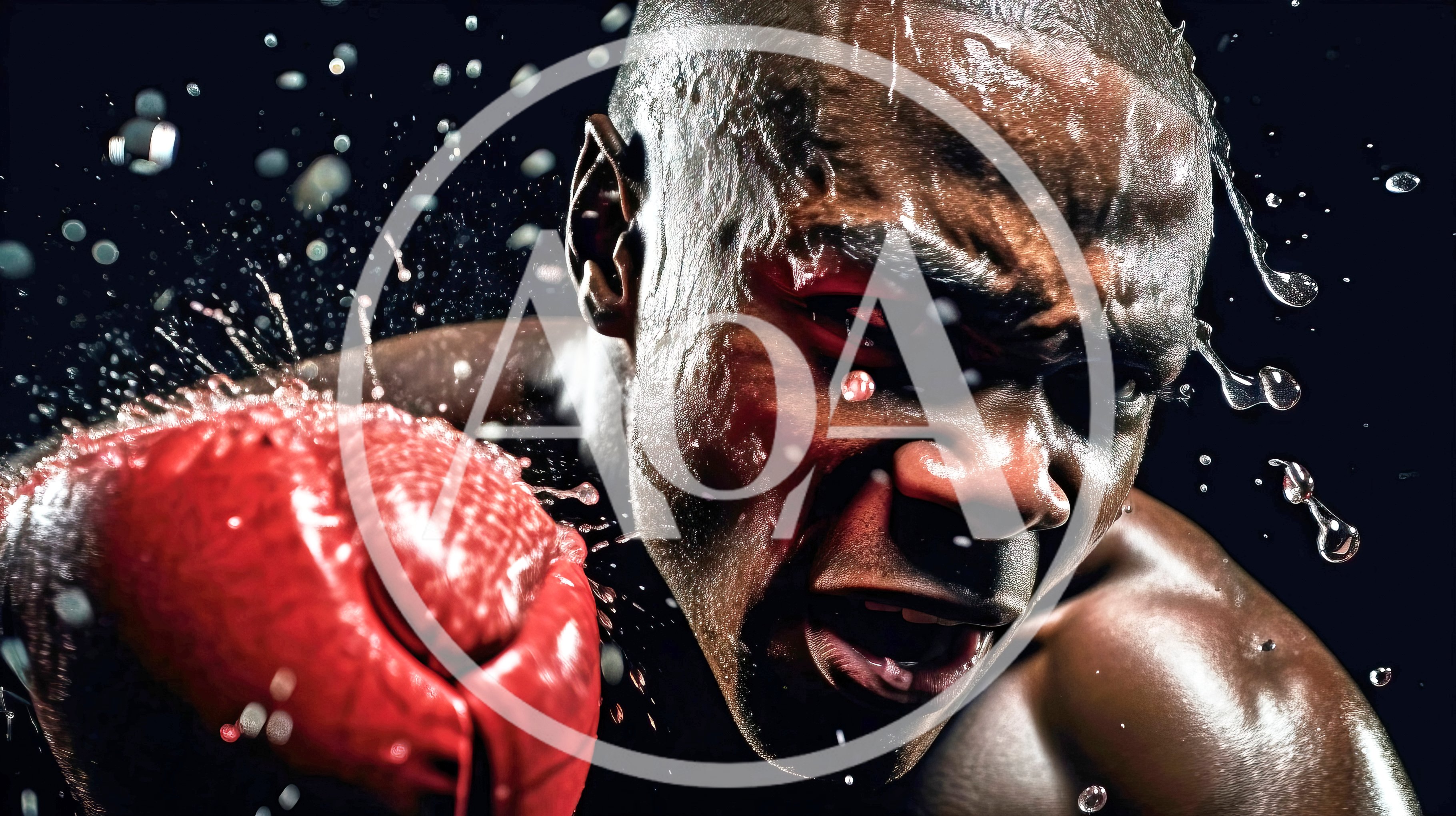 Intense Boxer Throwing A Powerful Punch With Water Splashes