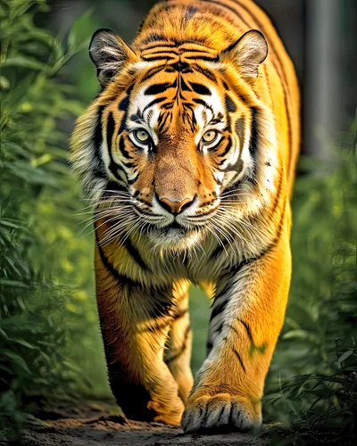 Majestic Tiger Walking Through Lush Green Jungle Foliage