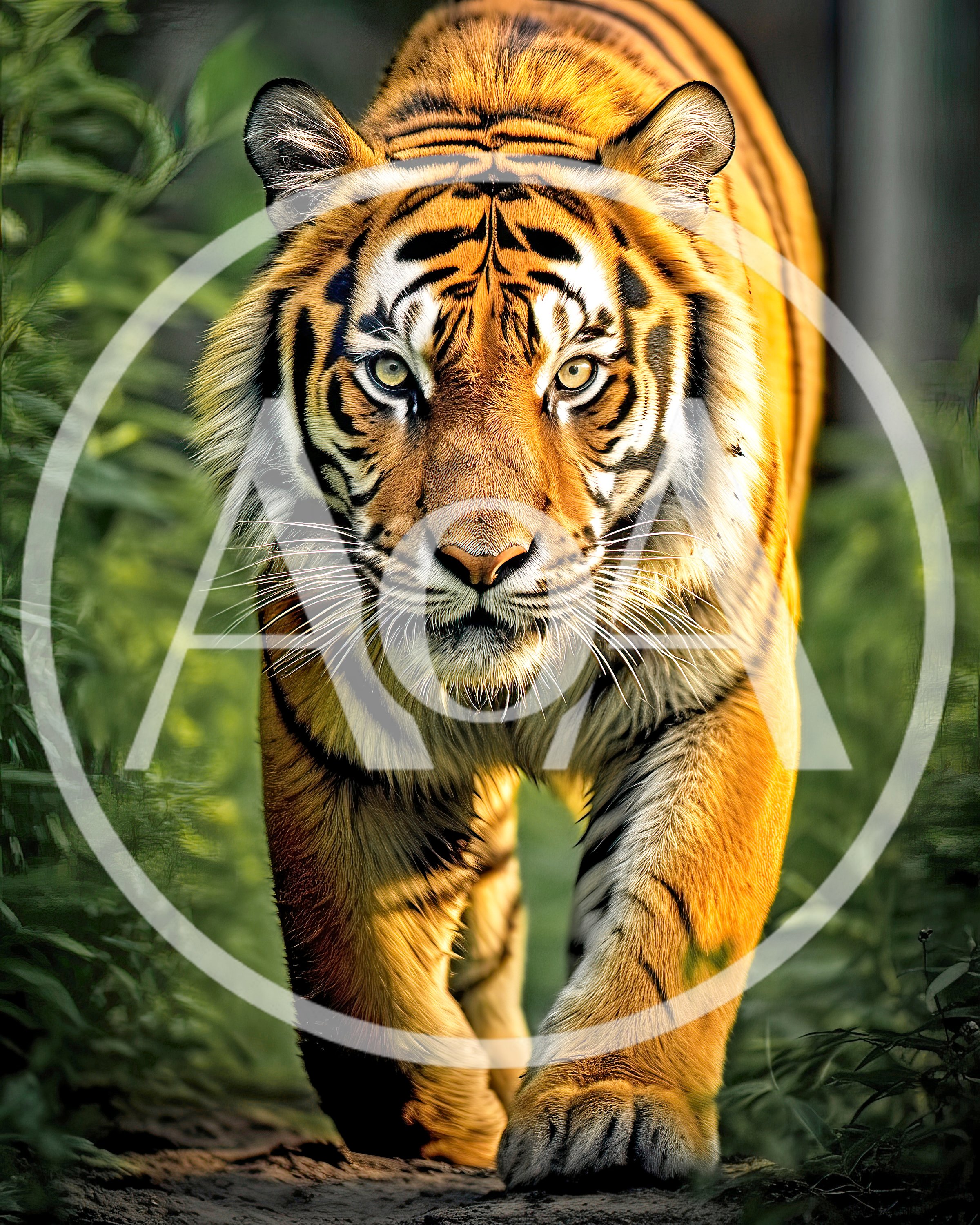 Majestic Tiger Walking Through Lush Green Jungle Foliage
