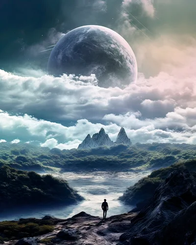 Lone Traveler Standing Before A Surreal Alien Landscape