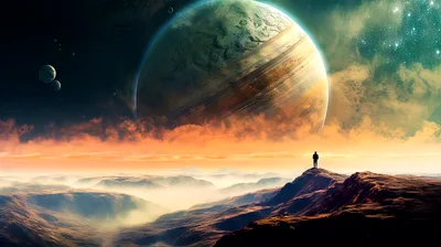 Lone Traveler Standing On Alien Planet Surface