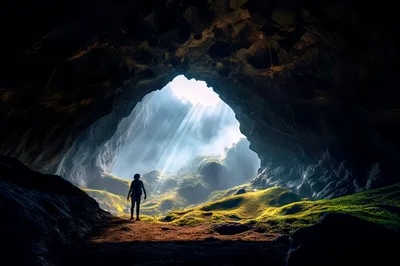Silhouette Of A Person Standing In A Cave Entrance
