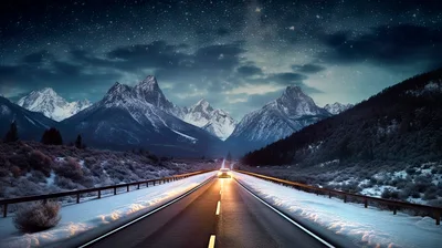Car Driving On Snowy Mountain Road At Night
