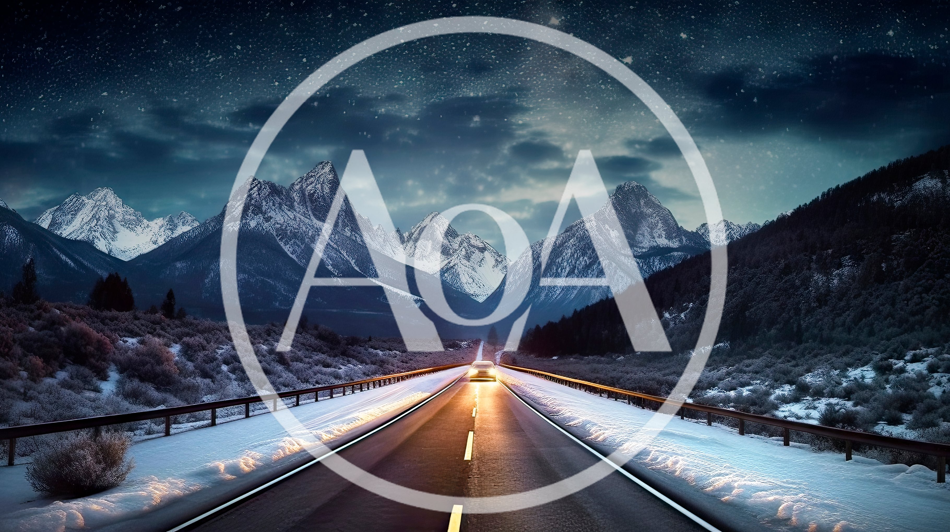Car Driving On Snowy Mountain Road At Night