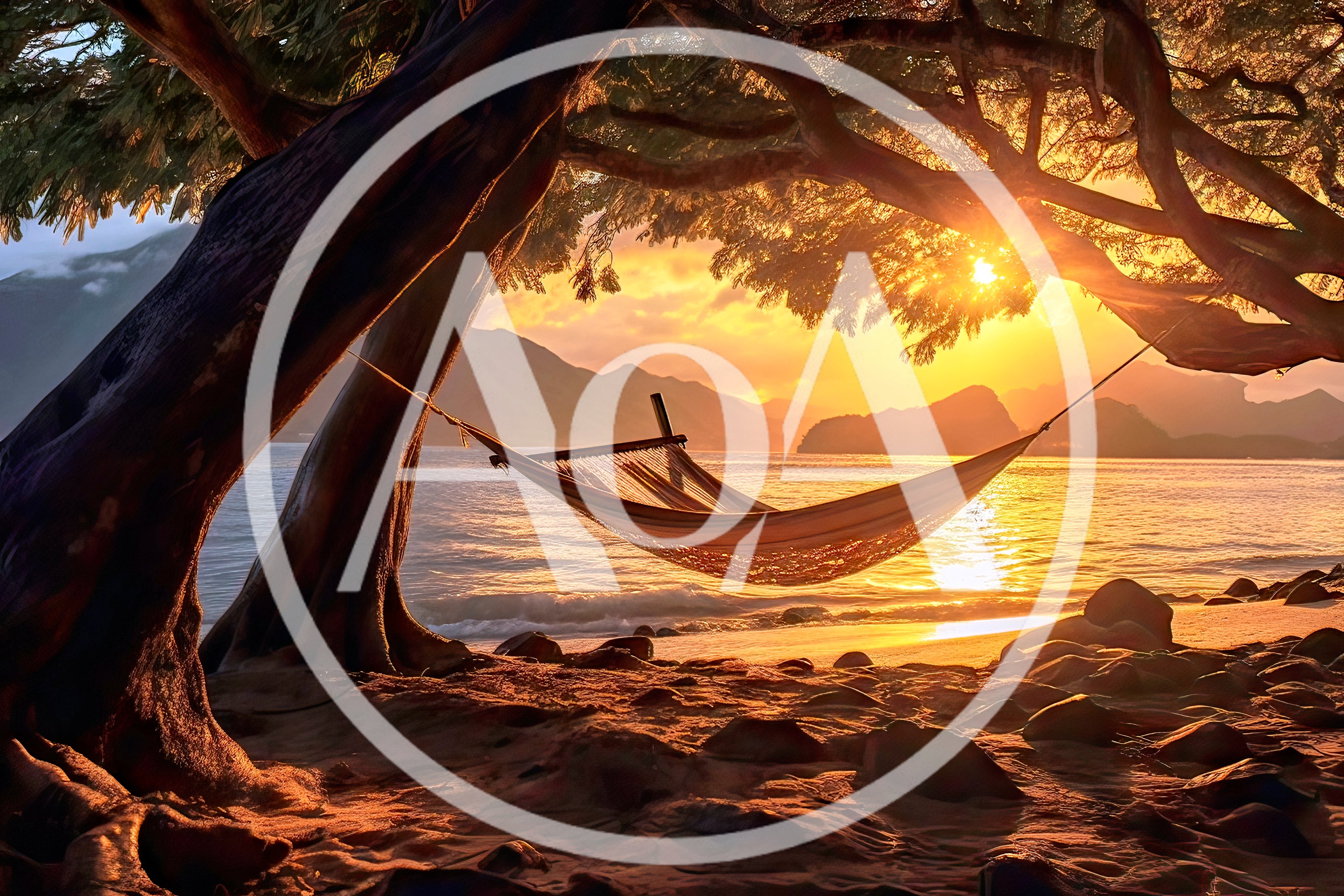 Empty Hammock Hanging Between Trees At Sunset