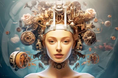 Surreal Portrait Of A Cyborg Woman With Mechanical Elements