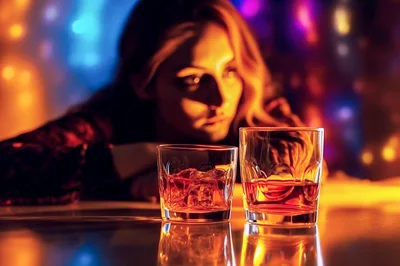 Woman Looking At Two Glasses Of Whiskey In Bar