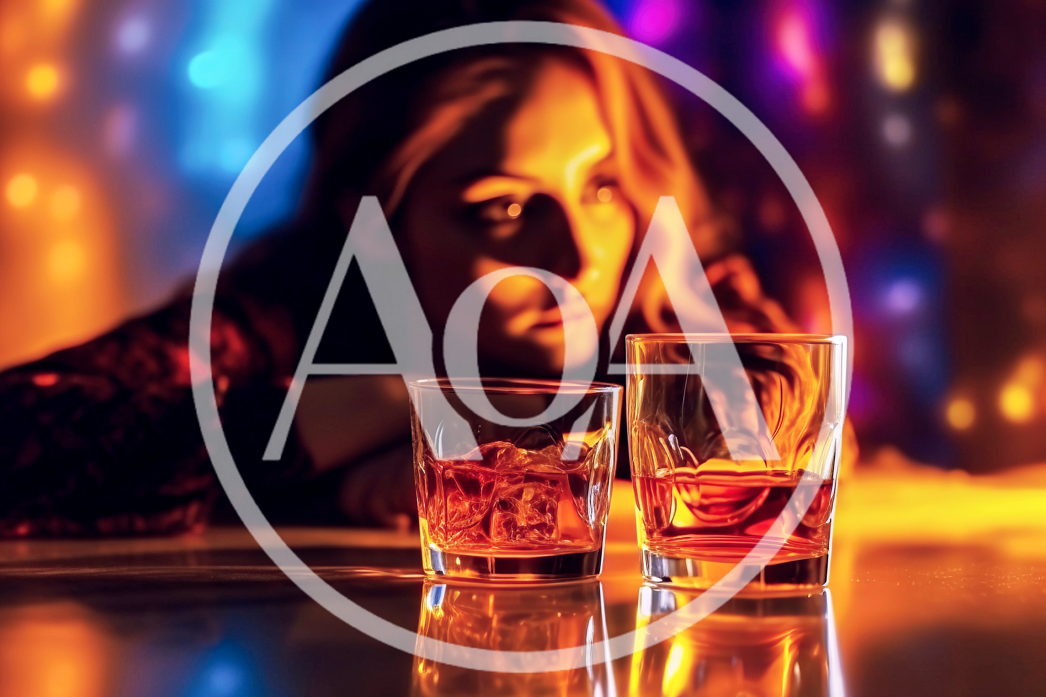 Woman Looking At Two Glasses Of Whiskey In Bar