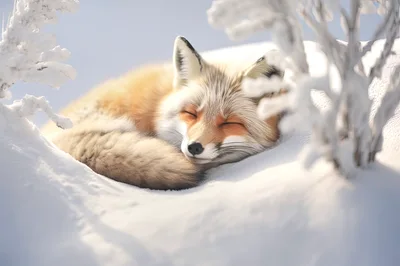 Sleeping Red Fox Resting In Deep Winter Snow