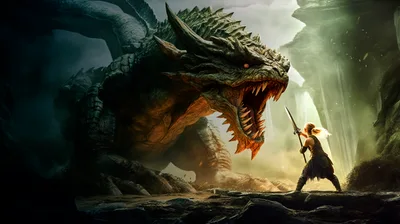 Warrior Facing A Massive Dragon In A Cave