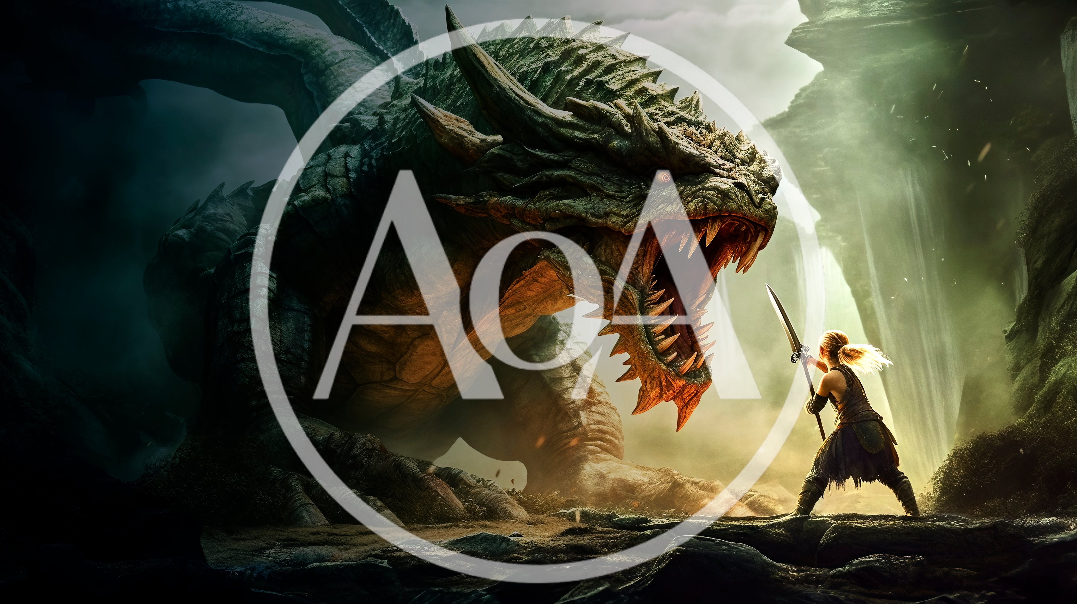 Warrior Facing A Massive Dragon In A Cave