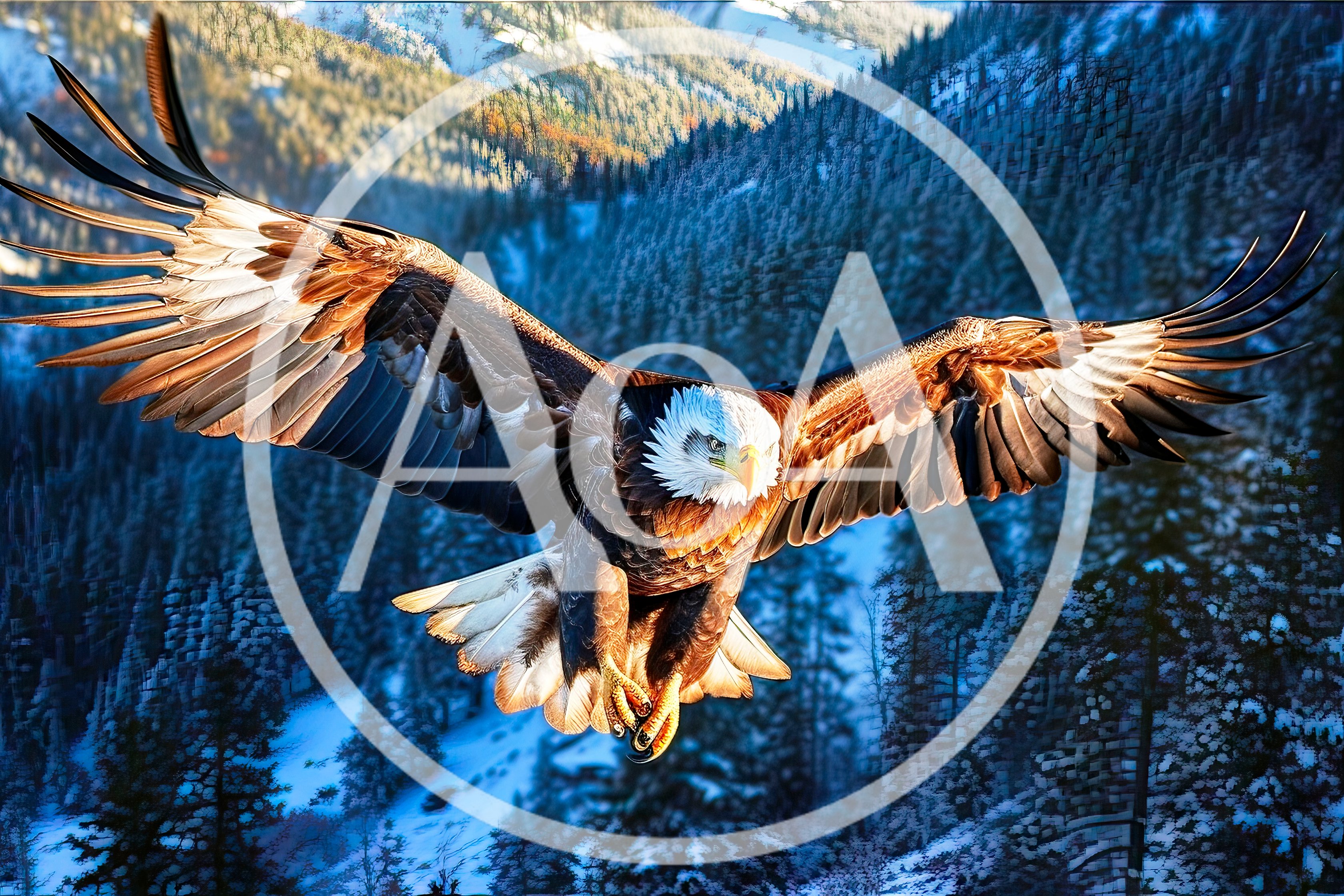 Majestic Bald Eagle Soaring Over Snowy Mountain Landscape