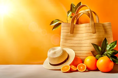 Summer Beach Bag With Straw Hat And Fresh Oranges