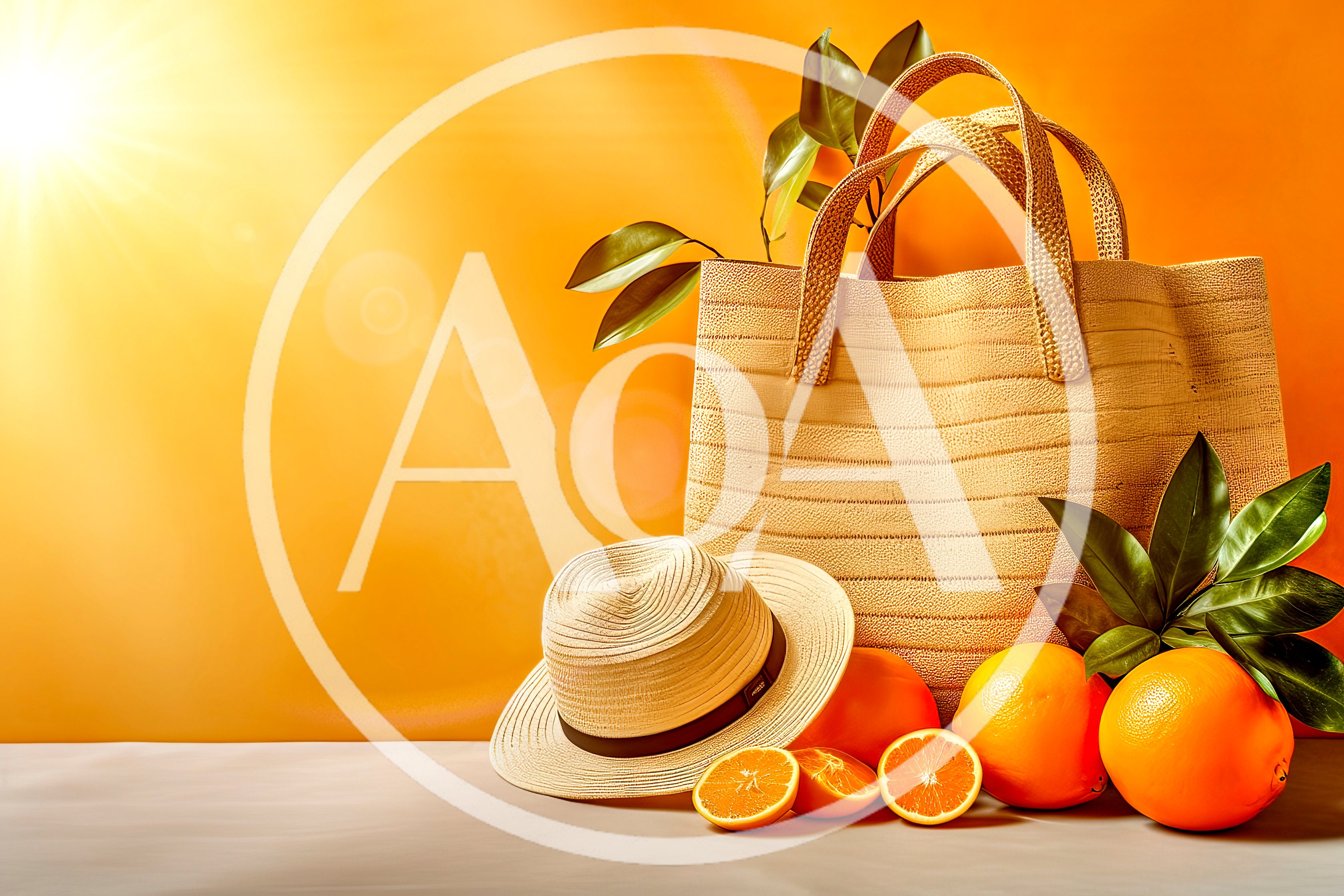 Summer Beach Bag With Straw Hat And Fresh Oranges