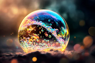 Iridescent Soap Bubble With Floating Colorful Spheres
