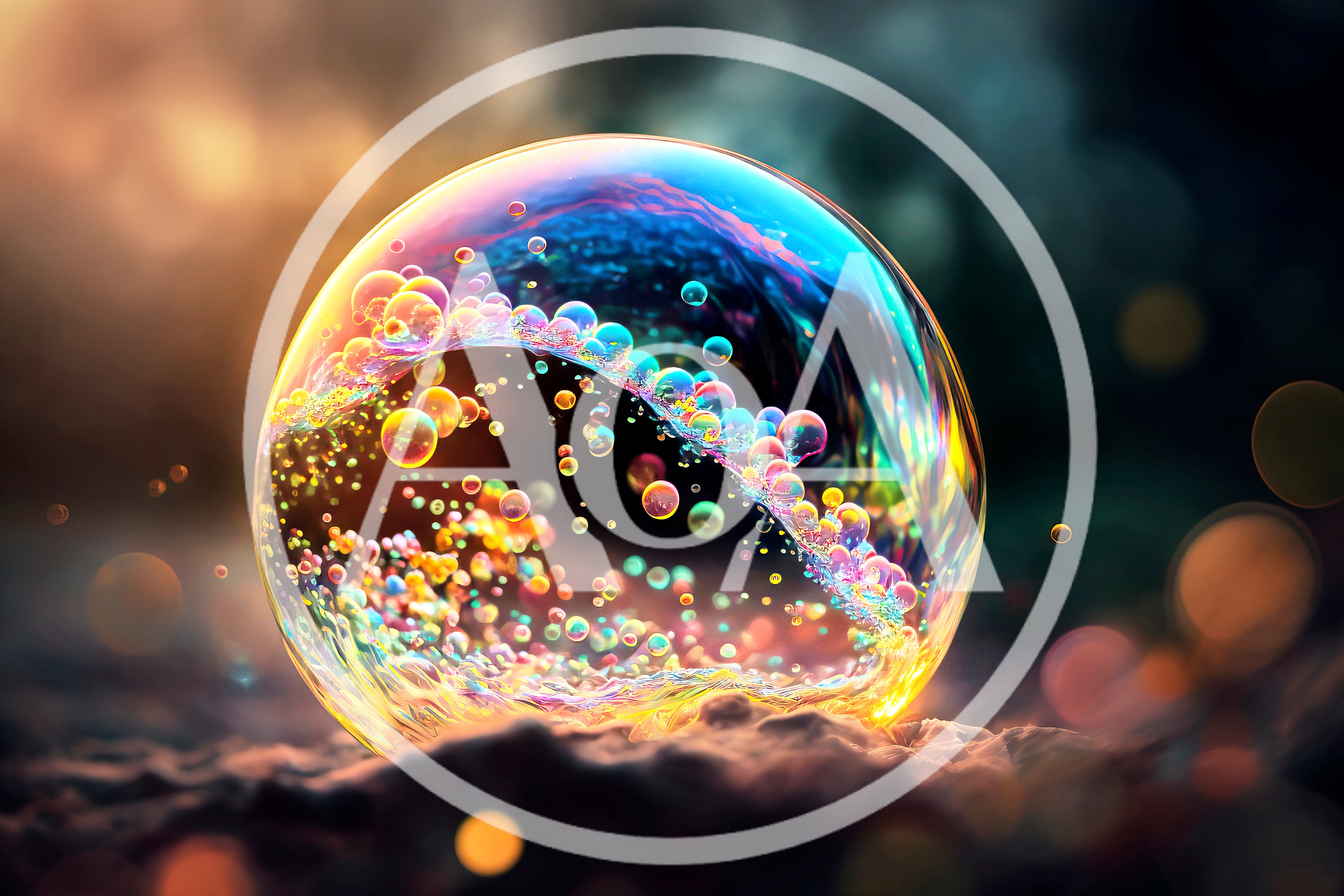 Iridescent Soap Bubble With Floating Colorful Spheres