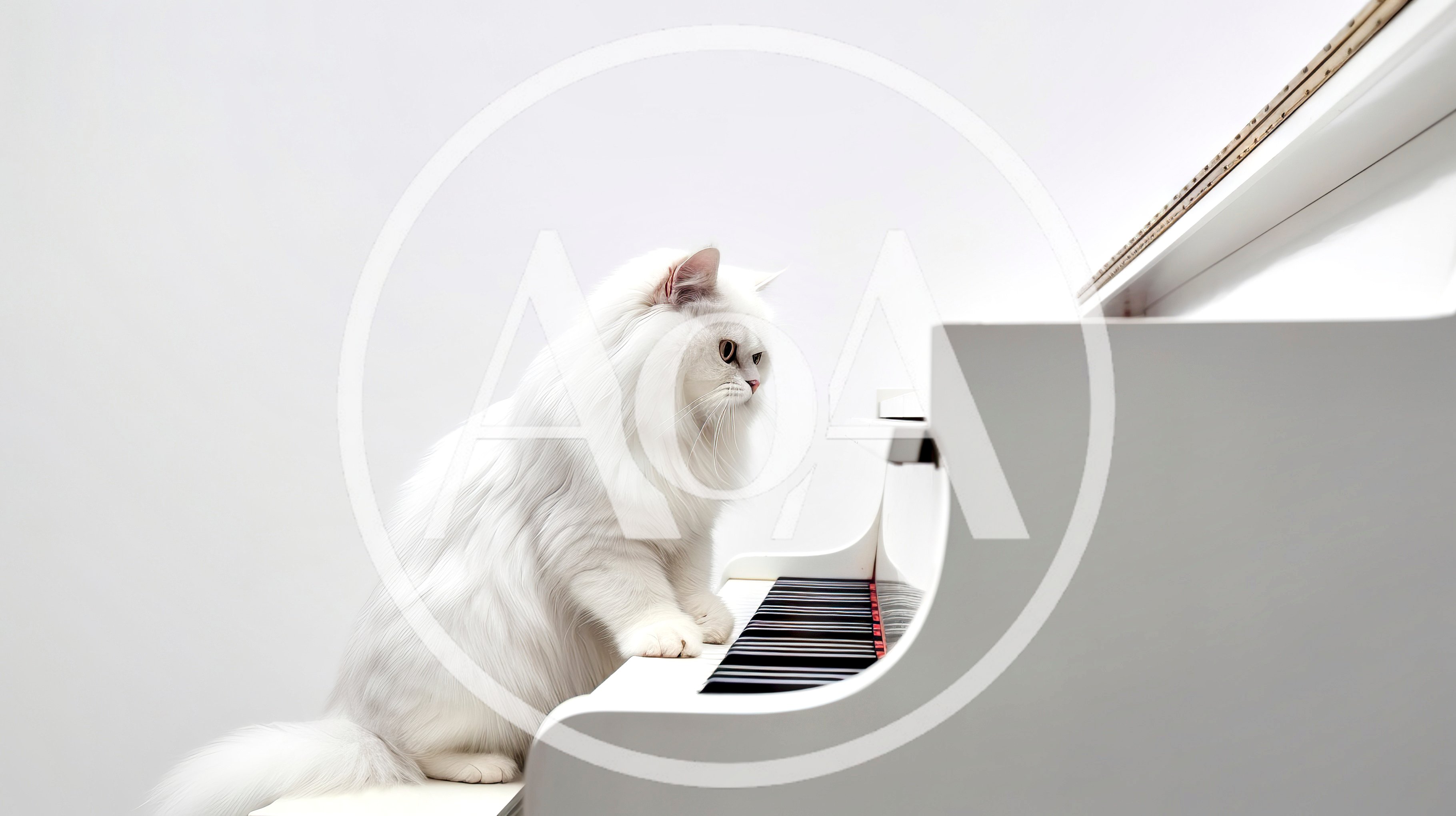 White Persian Cat Playing A White Grand Piano