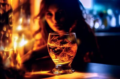 Glass Of Whiskey With Ice On A Bar Counter