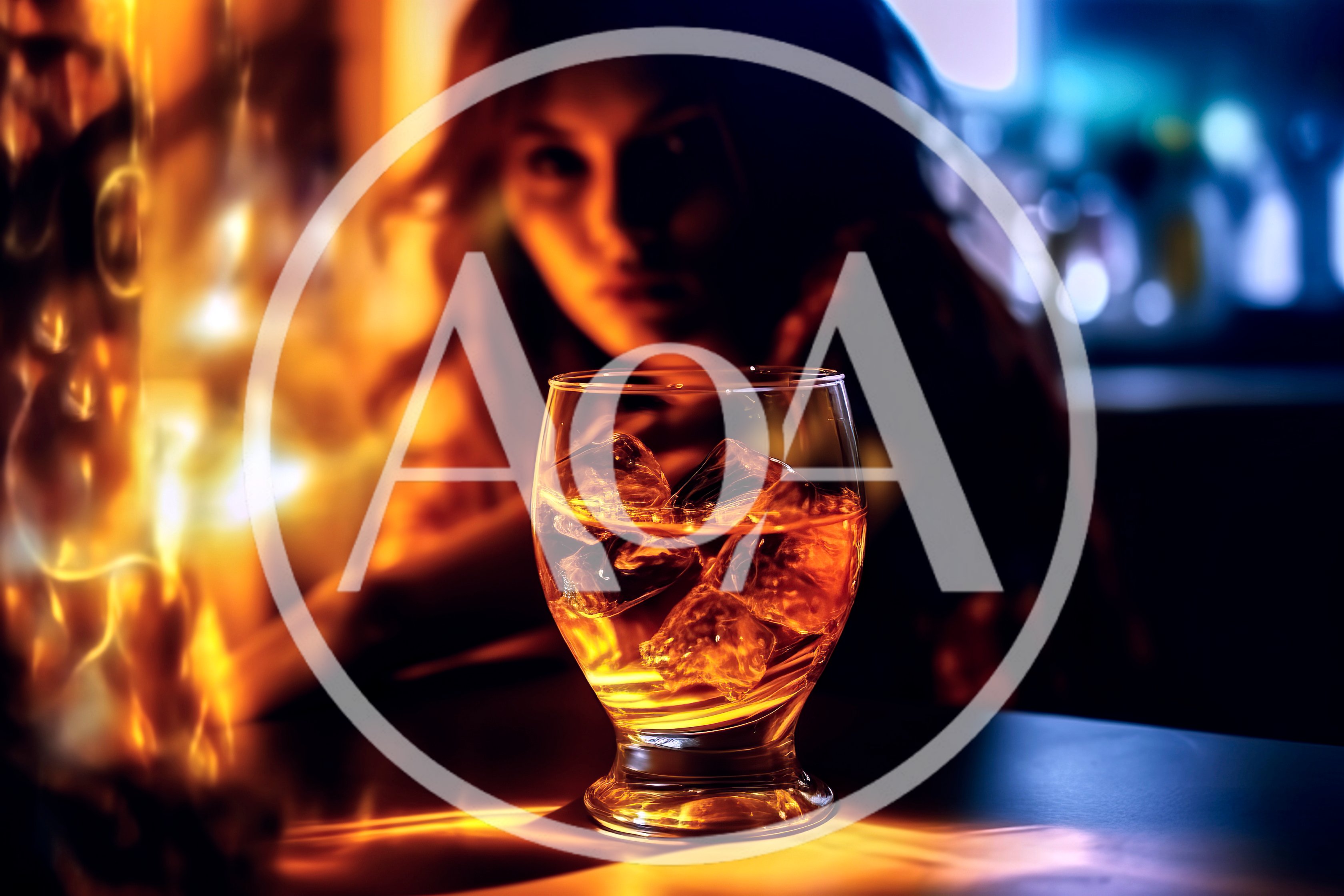 Glass Of Whiskey With Ice On A Bar Counter
