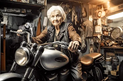Elderly Woman Sitting On A Motorcycle In A Workshop