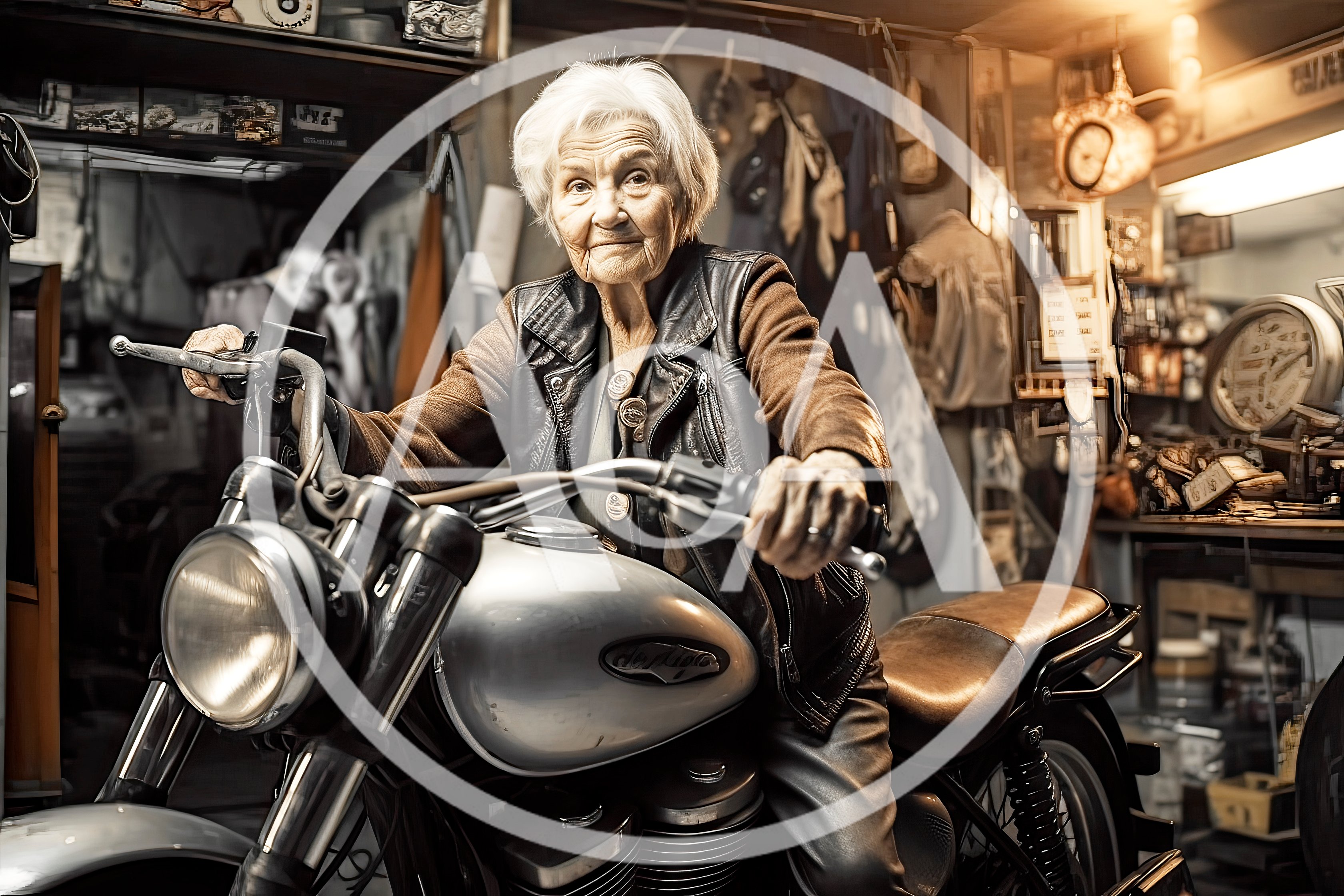 Elderly Woman Sitting On A Motorcycle In A Workshop