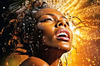 Portrait of a Woman Under Golden Water Spray