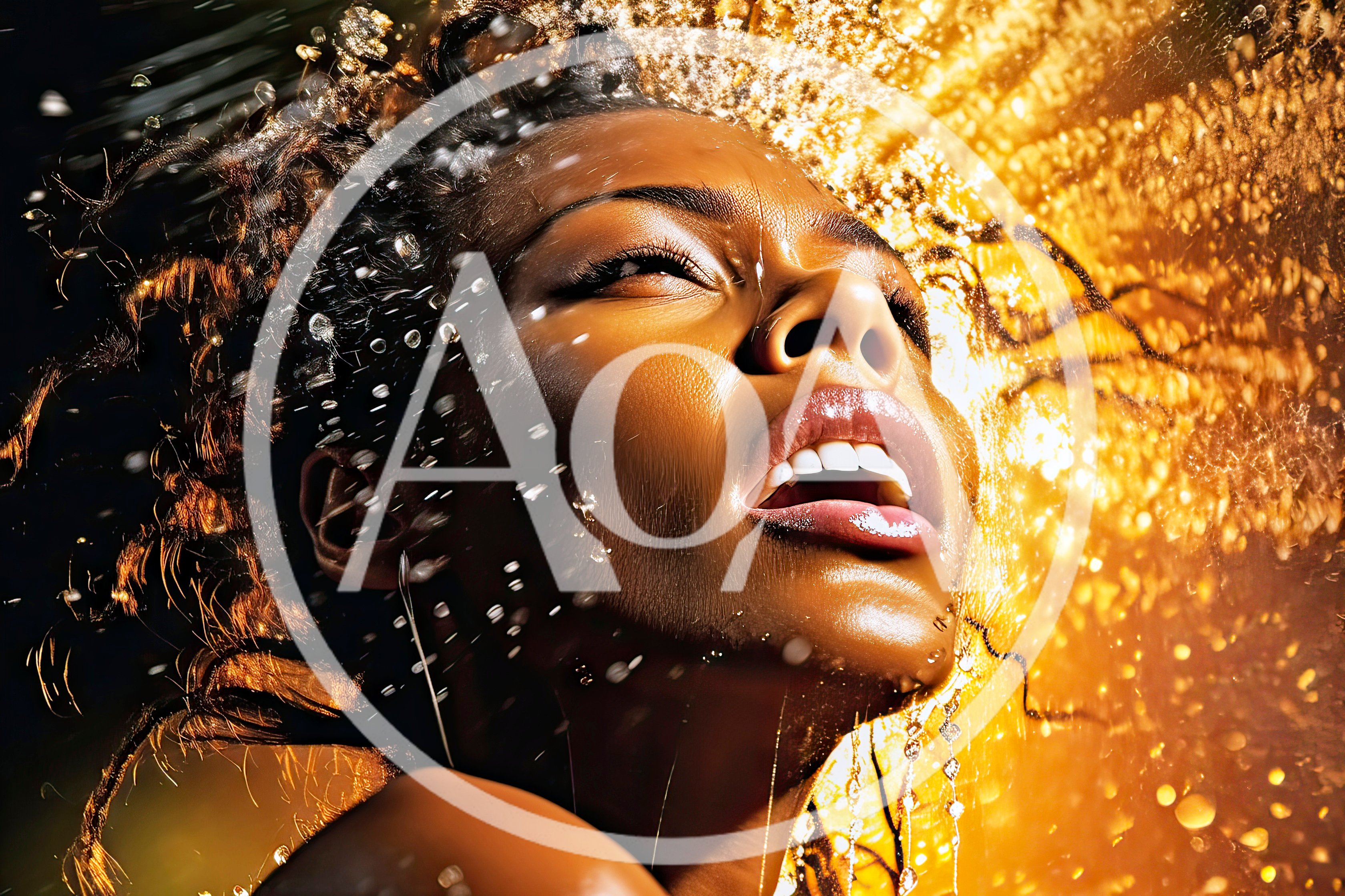 Portrait of a Woman Under Golden Water Spray